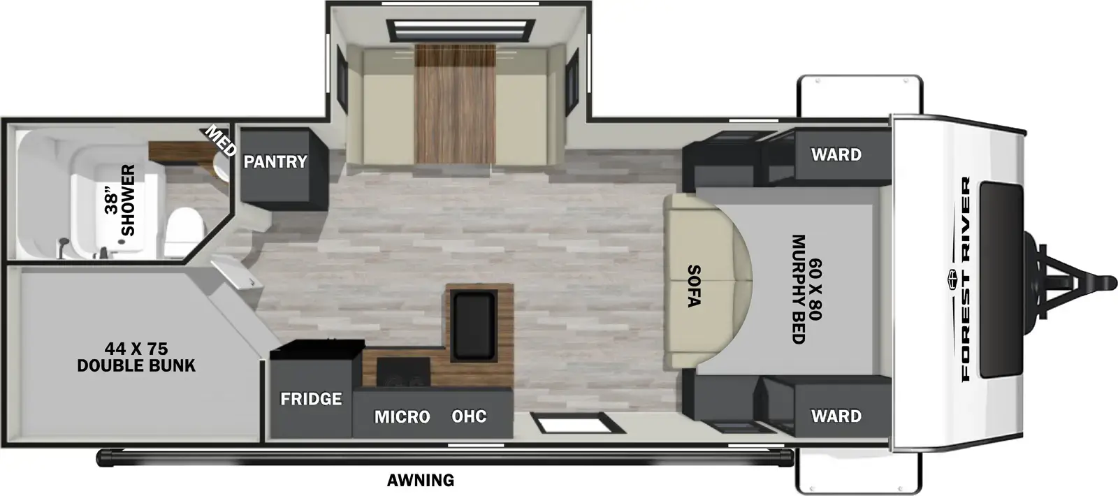 The Ibex 23MBH floorplan has one entry and one slide out. Exterior features include: fiberglass exterior. Interiors features include: bunk beds and murphy bed.